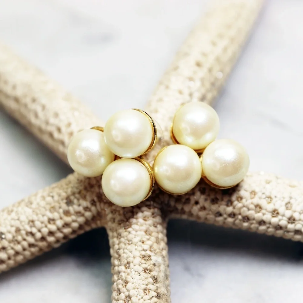 Pearl Earrings ~ Elegant Pierced Vintage Triple 8mm Cream Pearls in Gold Setting